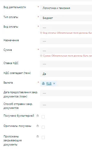 Основные поля бюджетной ЗРФ
